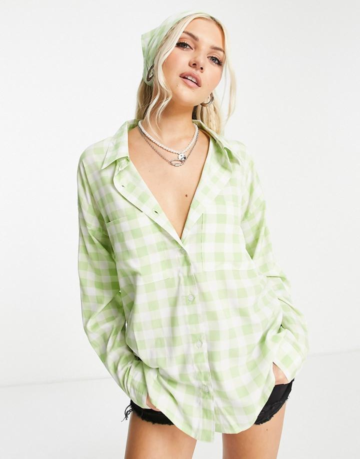 Heartbreak Oversized Shirt Set With Bandana In Green Gingham-white