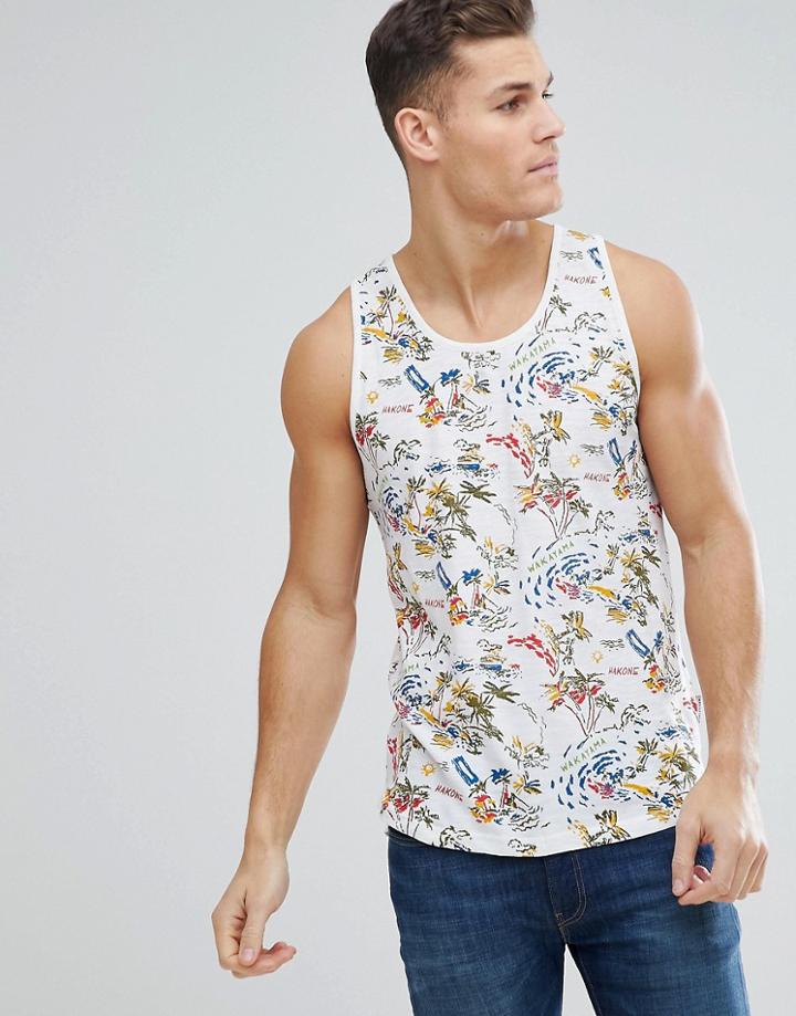 Bellfield Tank In Hawaiian Print With Curved Hem - White