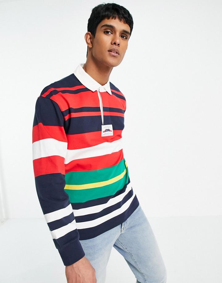 Gant Center Logo Oversized Multi Stripe Heavy Rugby Polo In Marine Navy