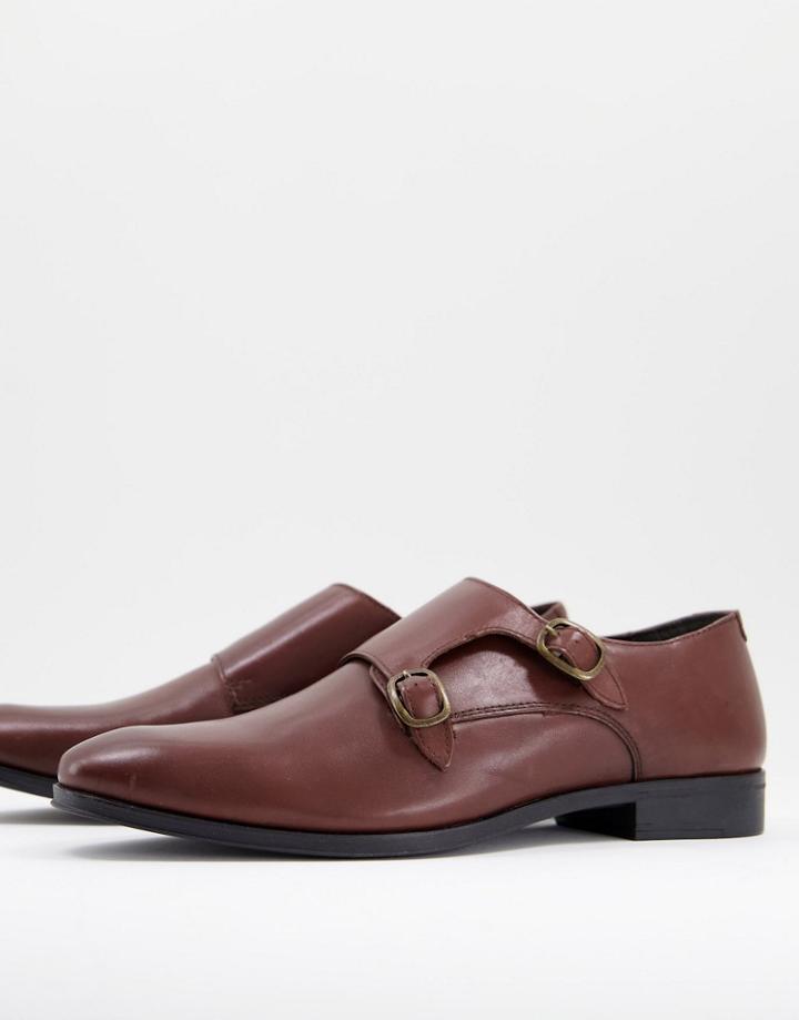 Asos Design Monk Shoe In Brown Leather