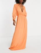 Asos Design Fuller Bust Plunge Front Beach Maxi Dress In Coral-orange
