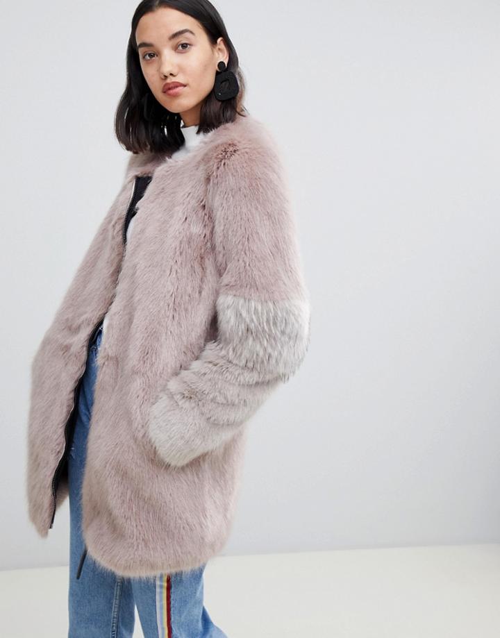 Urban Code Claudia Faux Fur Collarless Zip Coat - Brown