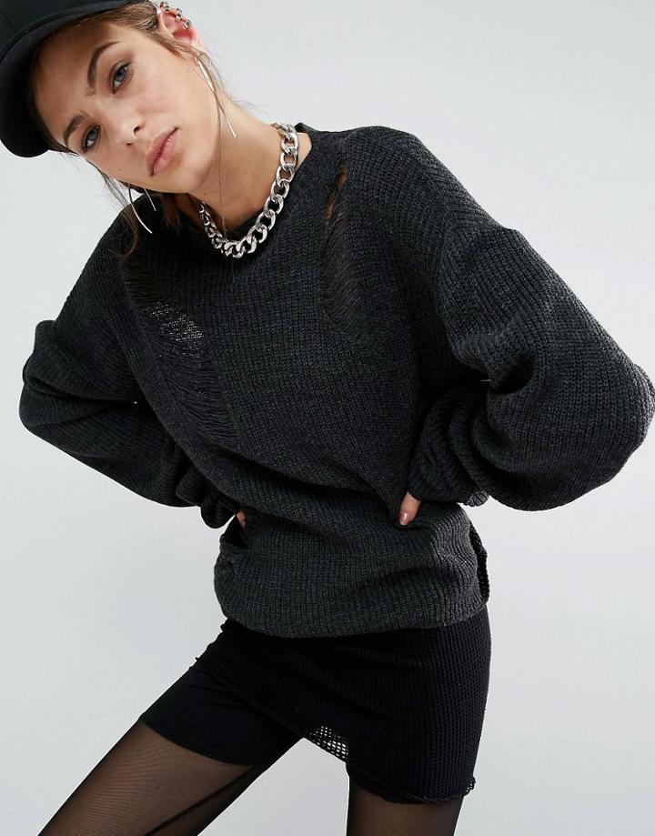 Bones Oversized Knit Jumper With Distressed Threading & Drop Hem - Gray