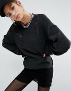 Bones Oversized Knit Jumper With Distressed Threading & Drop Hem - Gray