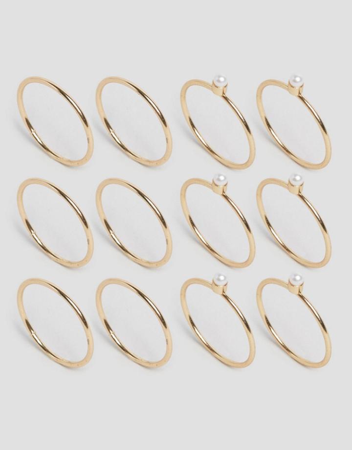 Asos 12 Pack Fine Rings With Faux Pearl Ball Detail - Gold