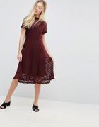 Goldie Flaired Oval Shape Lace Midi Flair Dress With Separate Bias Cut Chiffon Slip Dress - Red