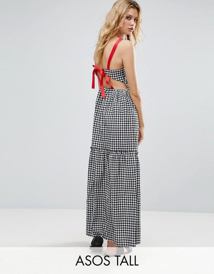 Asos Tall Tiered Gingham Maxi Dress With Contrast Tie Back - Black