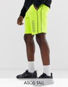 Asos Design Tall Jersey Shorts In Washed Neon With Text Print-yellow