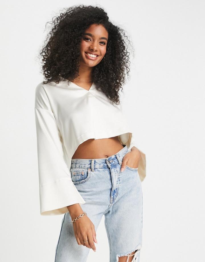 Asos Design Satin Long Sleeve Boxy Top With Tie Detail In Cream-white
