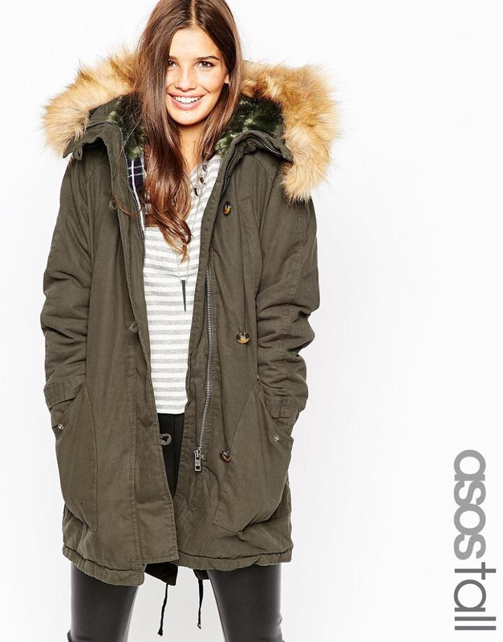 Asos Tall Parka With Check Liner And Ma1 Detail - Khaki