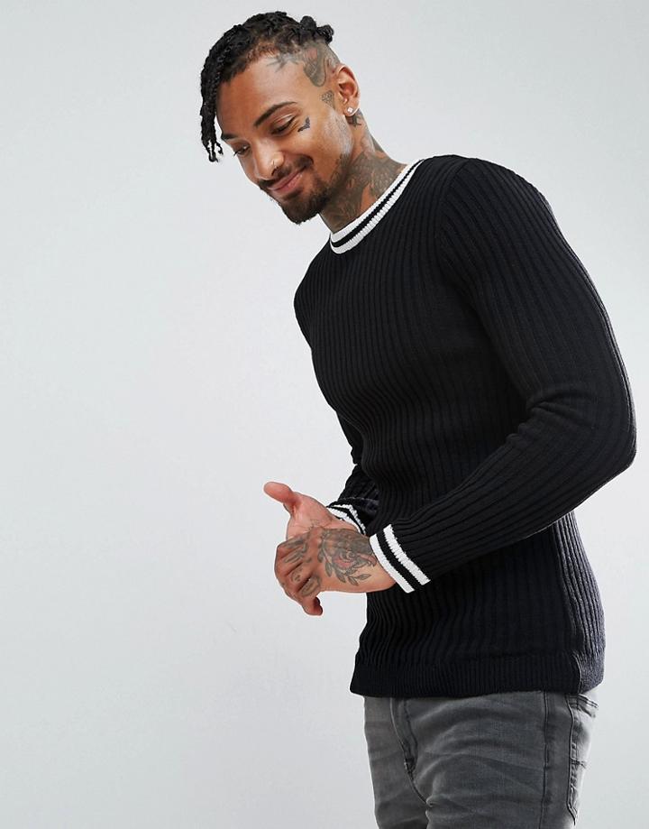 Asos Muscle Fit Ribbed Sweater With Tipping Detail In Black - Black