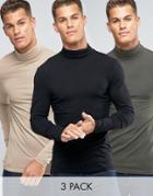 Asos 3 Pack Extreme Muscle Long Sleeve T-shirt With Roll Neck - Multi