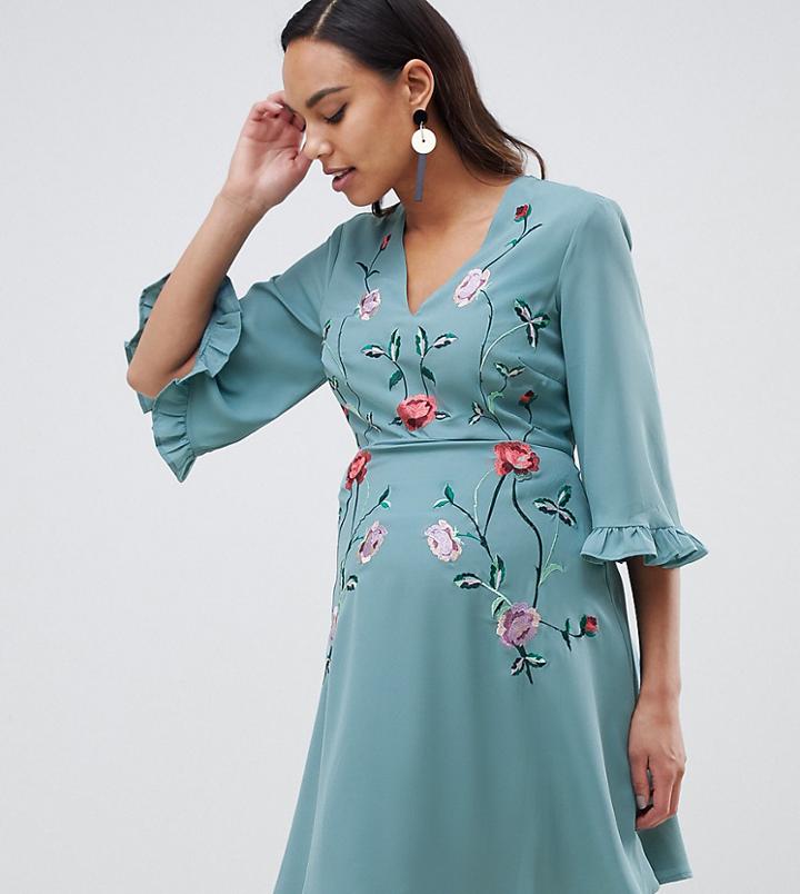 Asos Design Maternity Embroidered Ruffle Sleeve Mini Dress - Multi