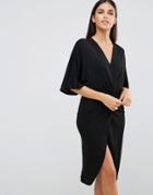 Club L Wrap Front Crepe Kimono Detail Dress - Black
