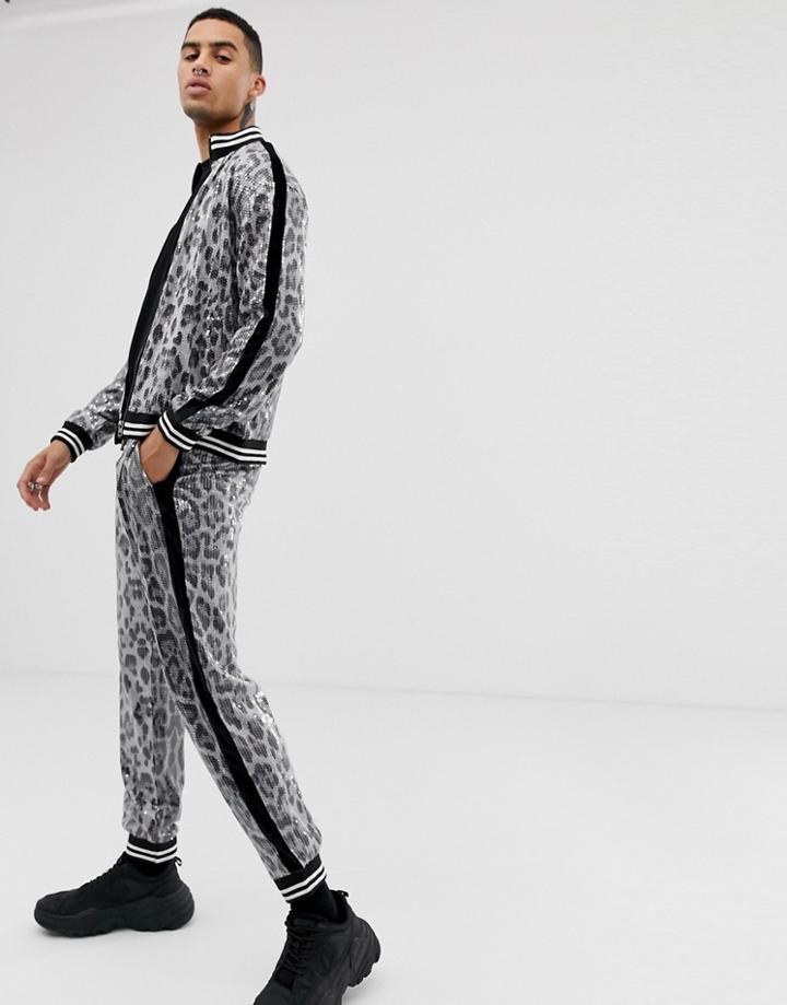 Jaded London Sequin Leopard Print Joggers - Black