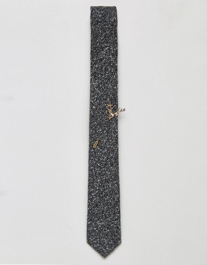Asos Textured Tie In Black With Lapel Pin Pack - Gray