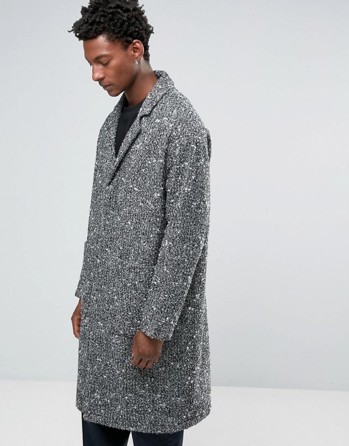 Asos Textured Overcoat In Black And White - Gray