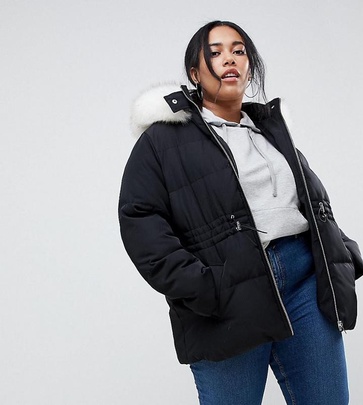 Asos Design Curve Puffer Jacket With Waist Detail And Faux Fur Hood - Black
