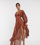 Asos Design Snake Print Maxi Dress In Self Stripe And Blouson Sleeve-multi
