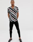 River Island Revere Collar Shirt With Diagonal Stripes In Blue - Blue