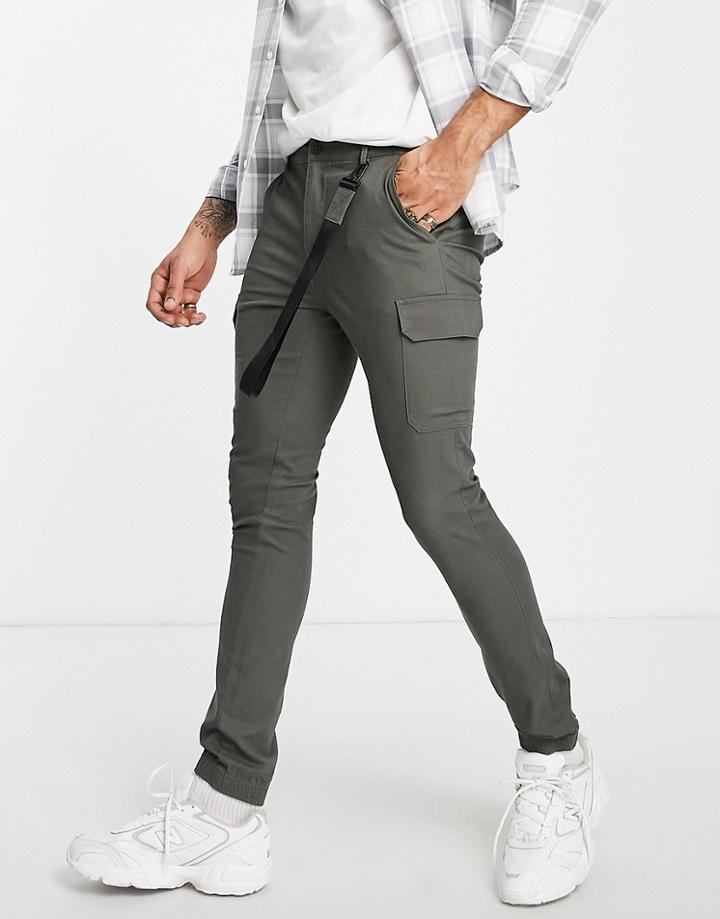 Asos Design Super Skinny Cargo Pants With Tape Detail In Khaki-green