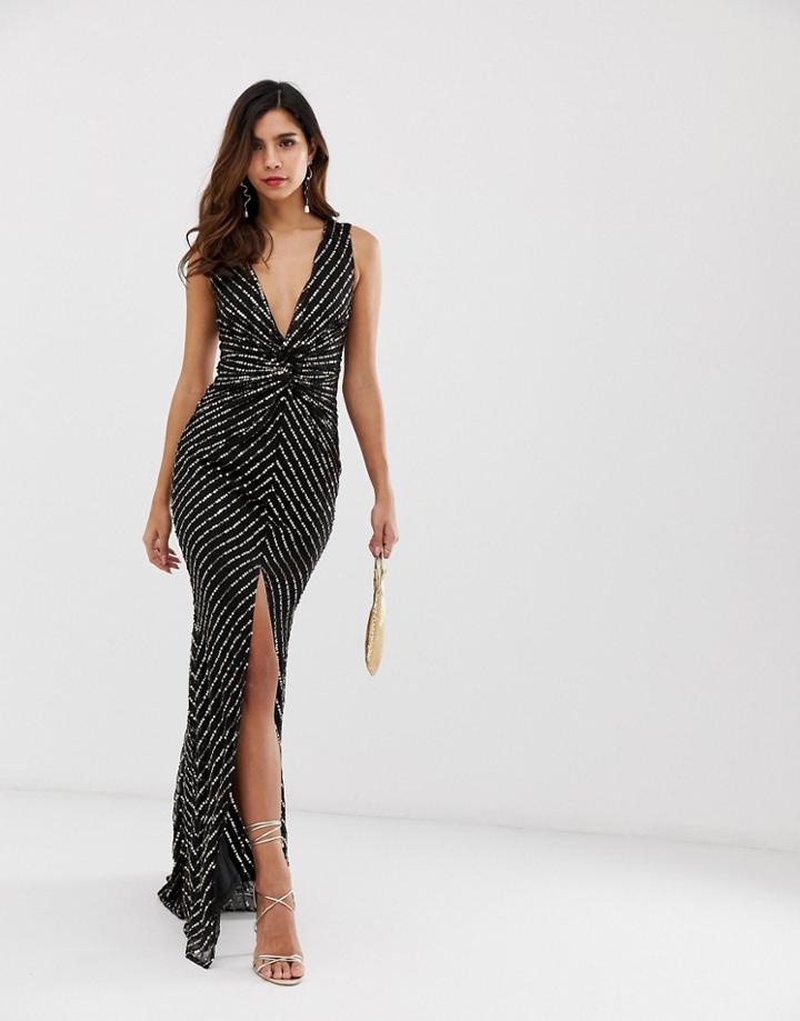 City Goddess Knot Front Sequin Patterned Maxi Dress With Side Split - Black