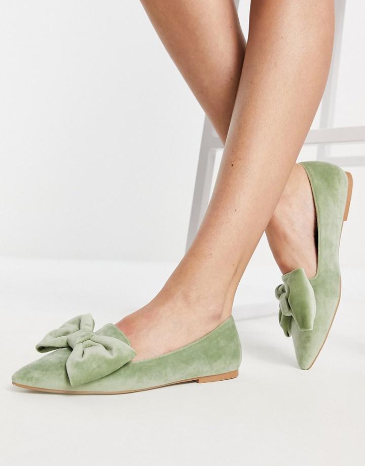 Asos Design Lake Bow Pointed Ballet Flats In Sage Green Velvet