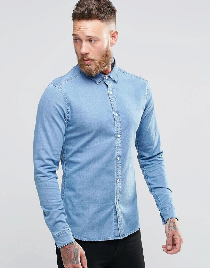 Asos Skinny Denim Shirt In Mid Wash With Long Sleeves - Mid Wash