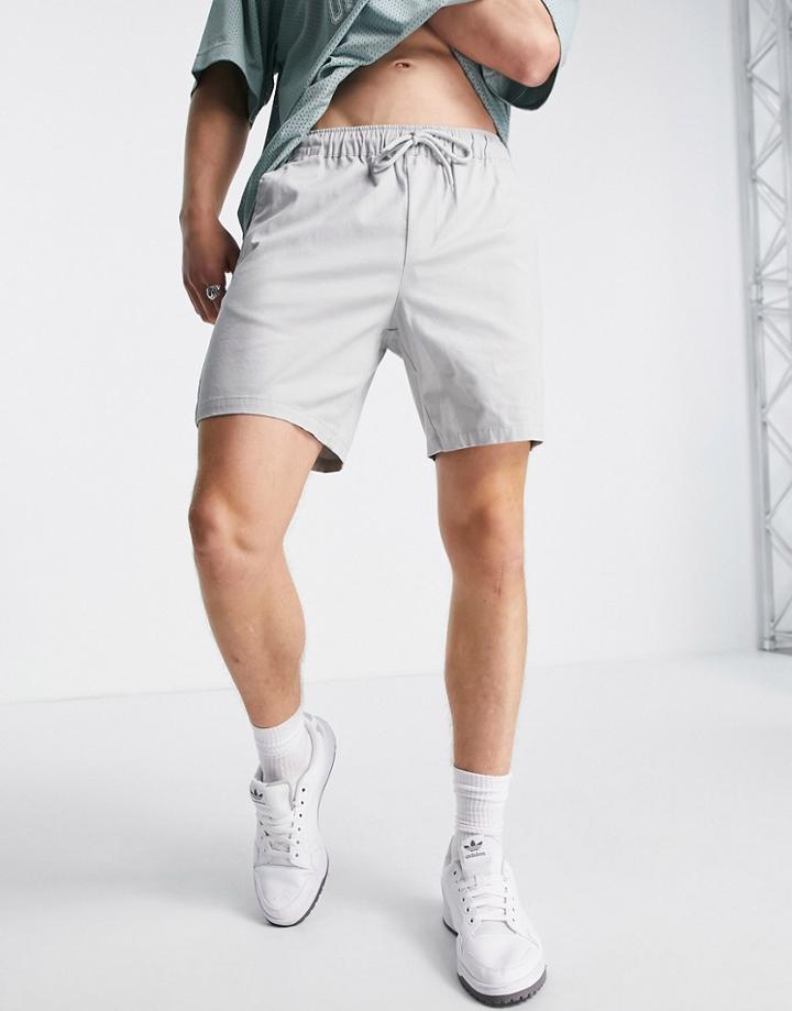 Asos Design Slim Chino Shorts With Elastic Waist In Light Gray