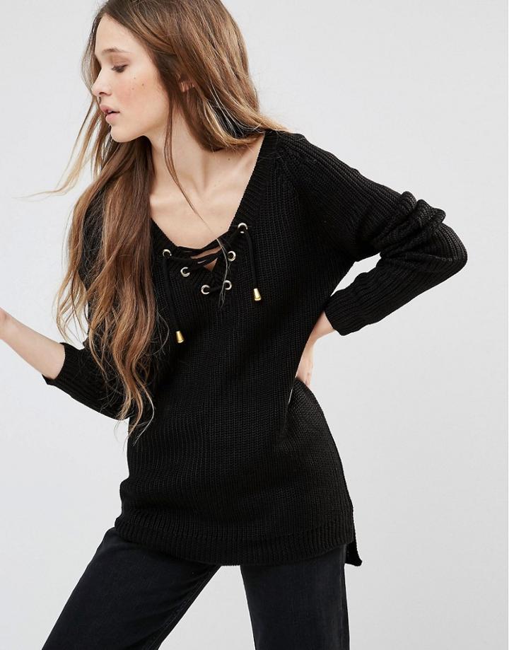 Brave Soul Tie Front Sweater - Black