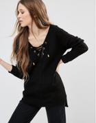 Brave Soul Tie Front Sweater - Black
