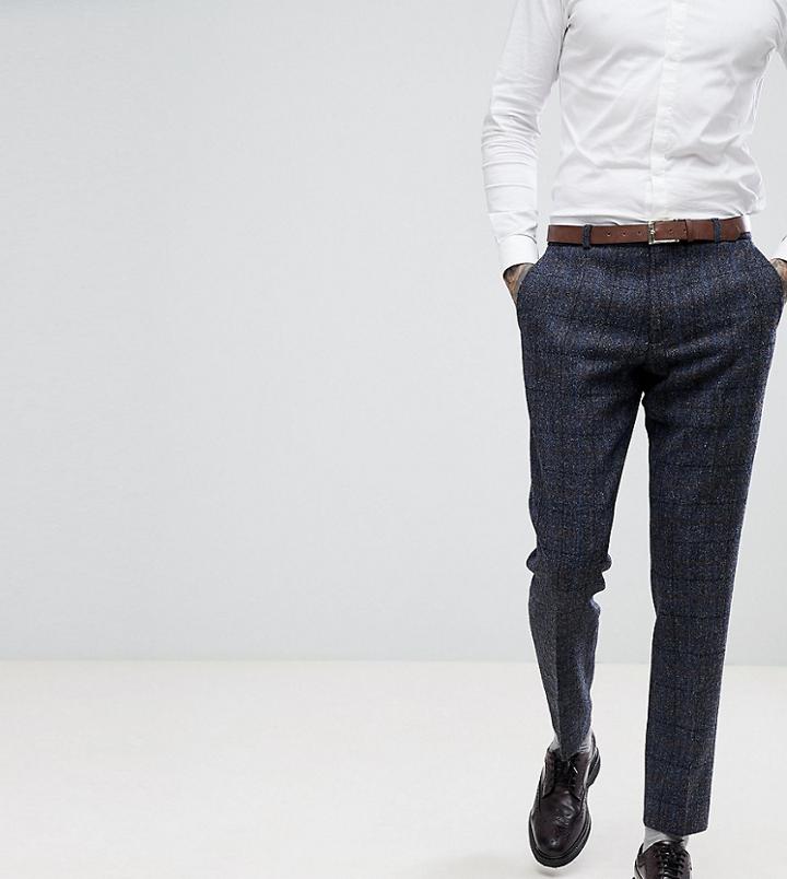 Heart & Dagger Slim Suit Pants In Harris Tweed In Check - Navy