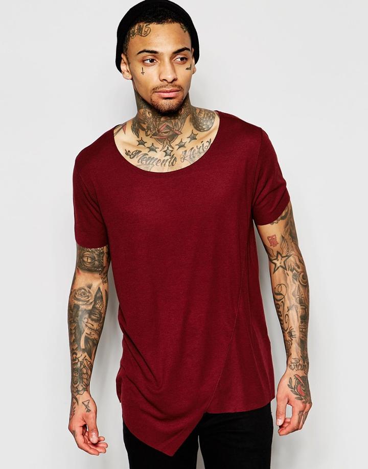 Asos Super Longline T-shirt In Fine Rib With Asymmetric Hem In Brown - Bitter Choc