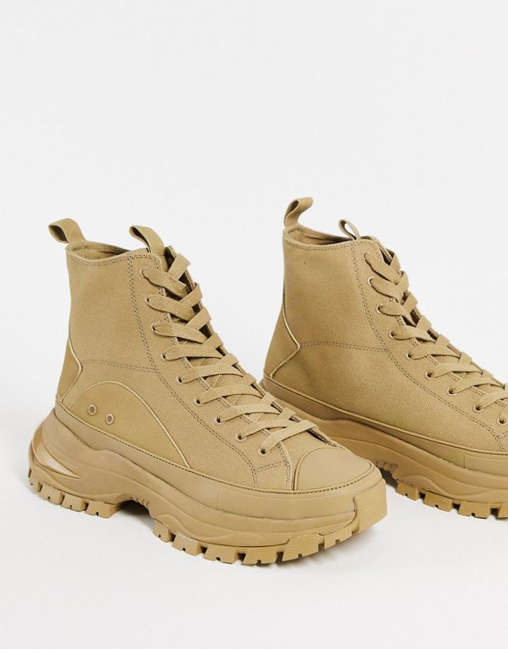 Asos Design High Top Canvas Sneakers With Chunky Double Sole In Beige-neutral