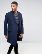 Asos Wool Mix Double Breasted Overcoat In Navy - Navy