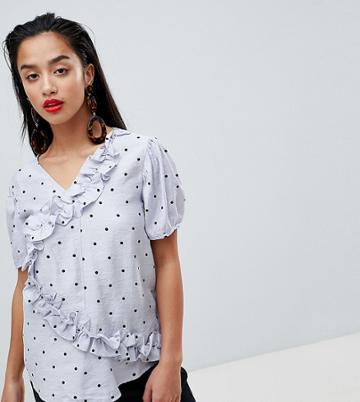 Lost Ink Petite Ruffle Top In Polka Dot - Blue