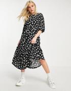 Stradivarius Midi Smock Dress In Black Daisy Print