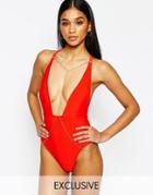 Wolf & Whistle Plunge Chain Detail Swimsuit B-f Cup - Red