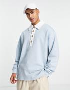 Asos Design Oversized Rugby Polo Sweatshirt In Pastel Blue With Contrast Collar