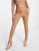 Femme Luxe Split Front Jersey Pants In Tan - Part Of A Set-brown