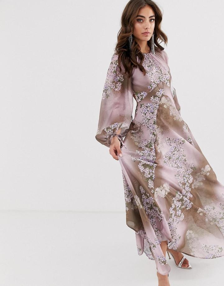Asos Design Long Split Sleeve Maxi Dress With Open Back In Placed Floral Print-multi