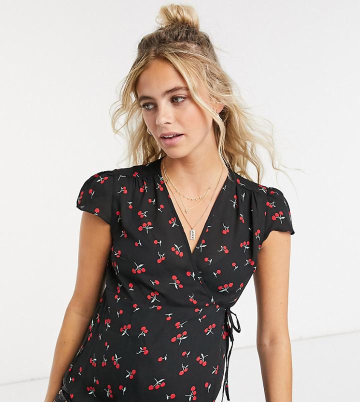 Asos Design Maternity Cap Sleeve Wrap Top In Cherry Print-multi