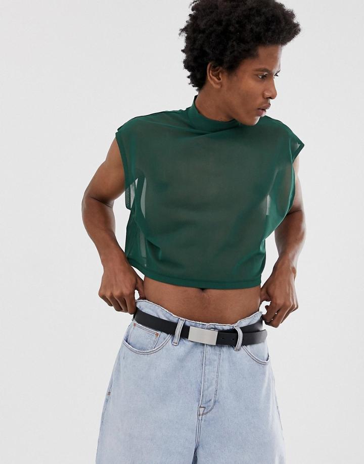 Asos Design Oversized Cropped Sleevless T-shirt With Turtleneck In Fine Mesh-green
