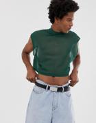 Asos Design Oversized Cropped Sleevless T-shirt With Turtleneck In Fine Mesh-green