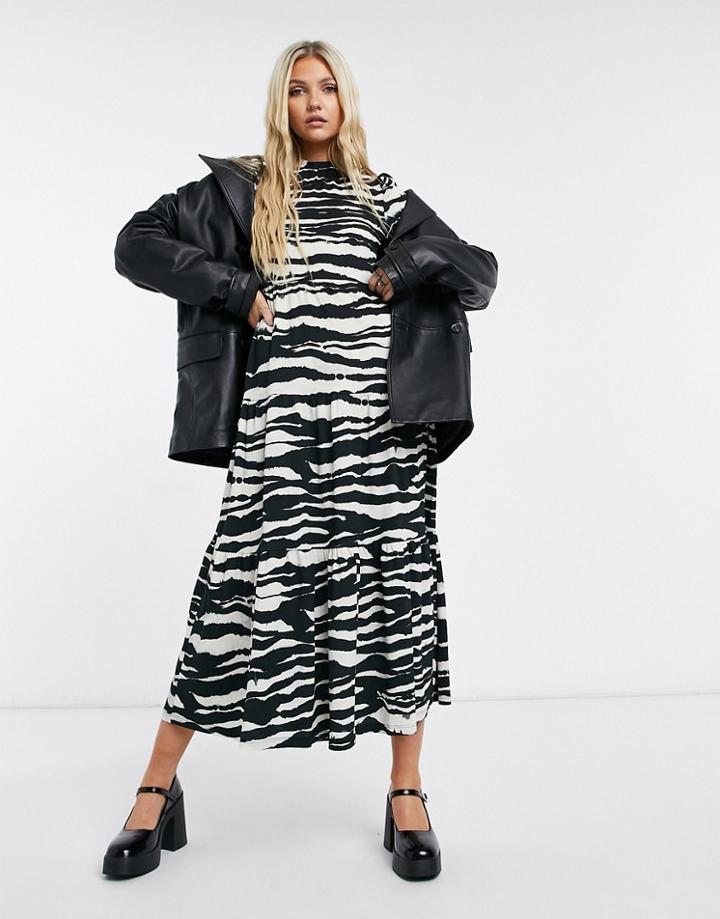 Topshop Tiered Midi Dress In Monochrome Animal Print-black