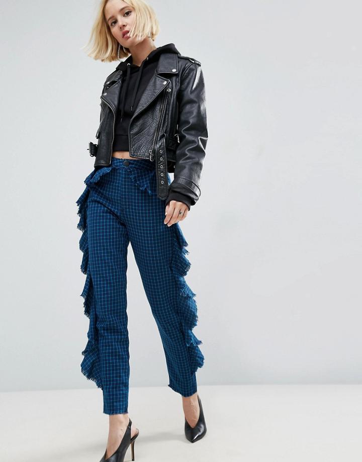 Asos Checked Pants With Ruffle Detail - Multi