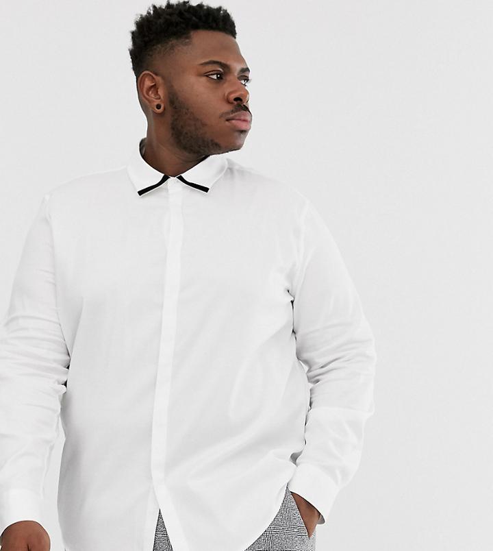 Asos Design Plus Regular Fit Textured Twill Shirt In White With Contrast Tipping