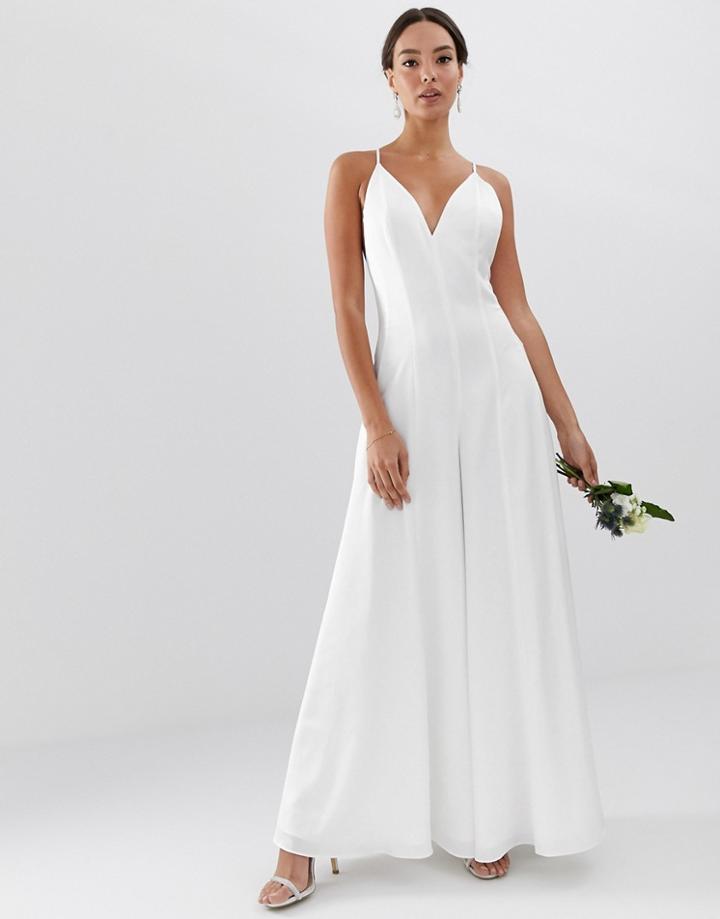 Asos Edition Plunge Cami Wide Leg Wedding Jumpsuit In Satin-white