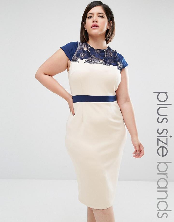 Little Mistress Plus Embroidered Pencil Dress - Cream