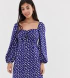 Glamorous Petite Tie Front Mini Dress With Volume Sleeves In Daisy Print-navy